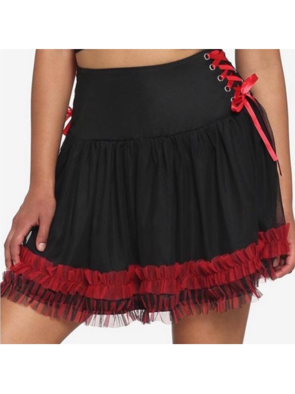 Hot Topic Black Mini Skirt with Red Ruffle & Side Lace-Up